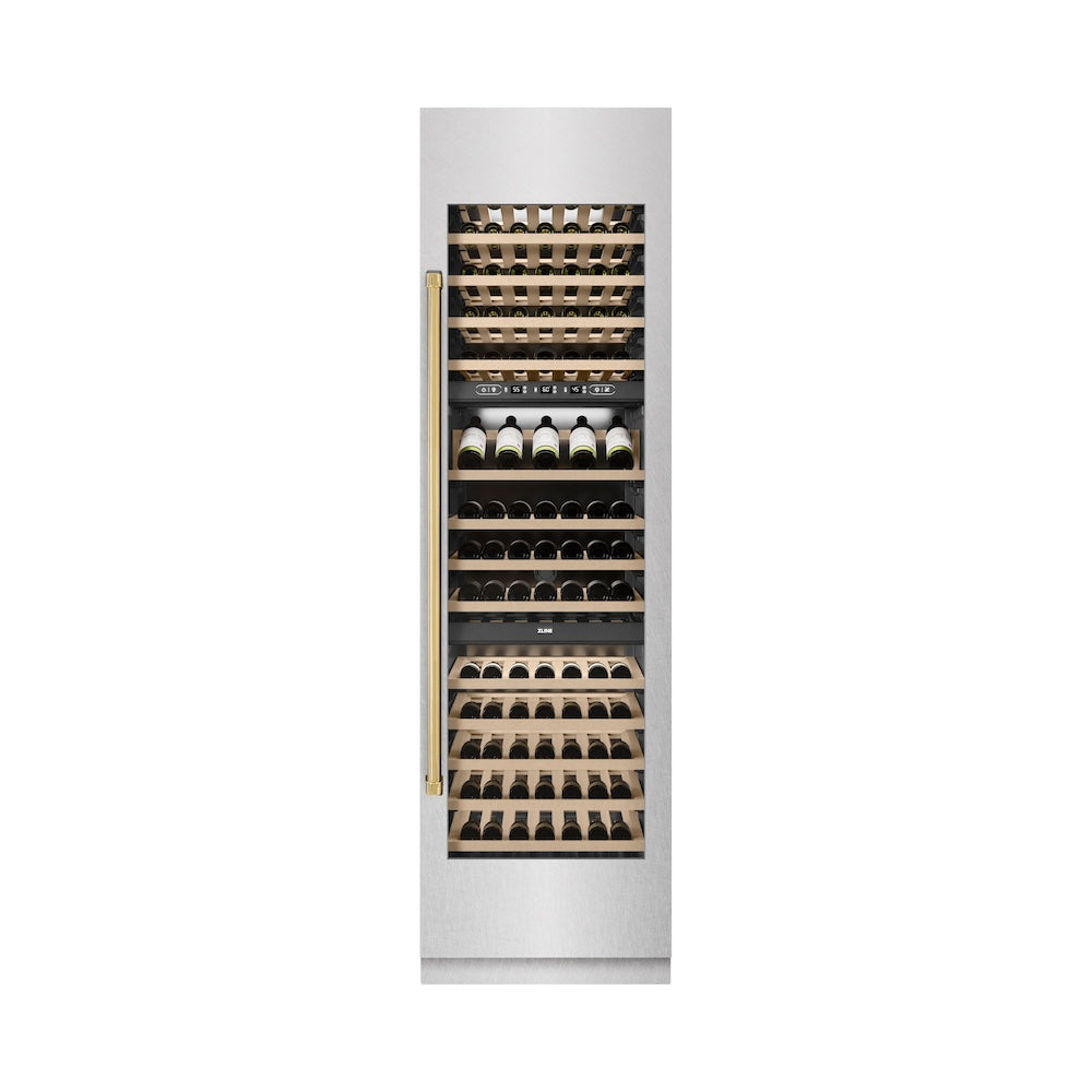 Autograph Edition 24 In. 12.4 Cu. Ft. Triple Zone 100 Bottle Column Wine Cooler In Satin Stainless Steel And Polished Gold Accents RCWVZSN24G