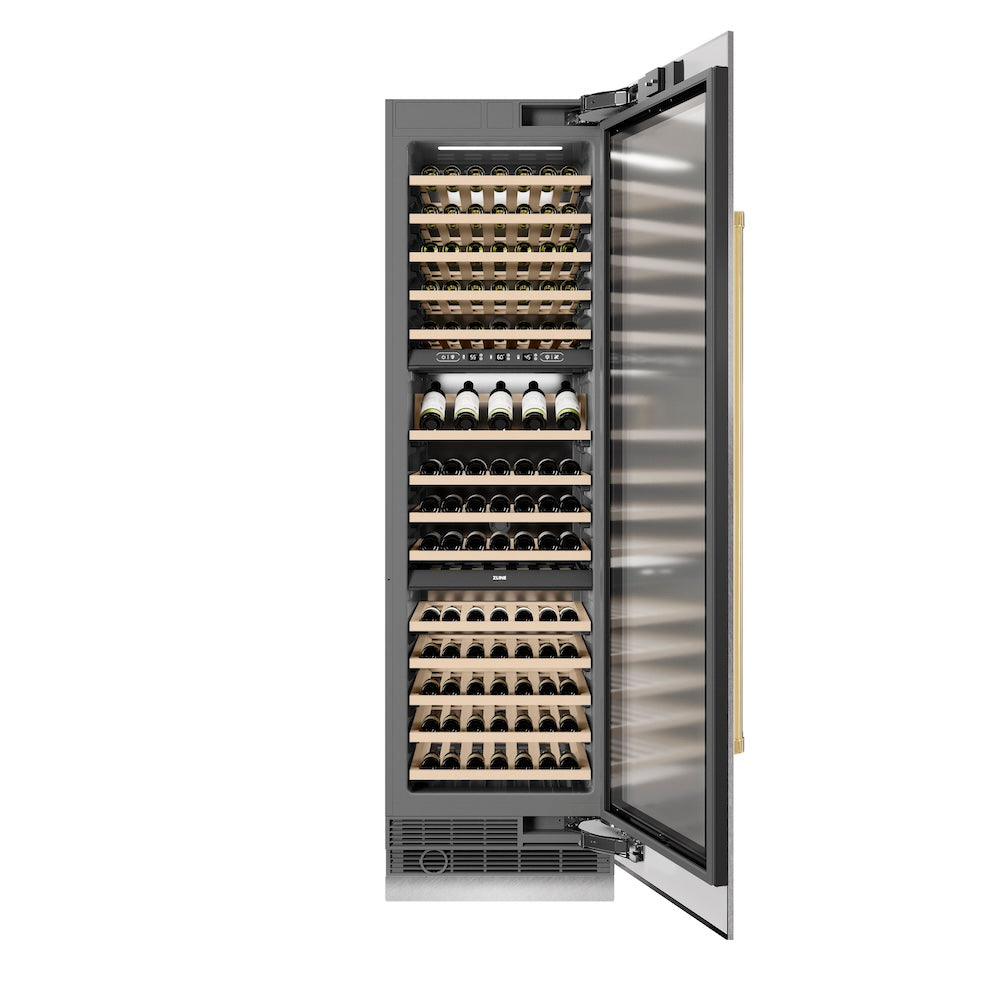 Autograph Edition 24 In. 12.4 Cu. Ft. Triple Zone 100 Bottle Column Wine Cooler In Satin Stainless Steel And Polished Gold Accents RCWVZSN24G