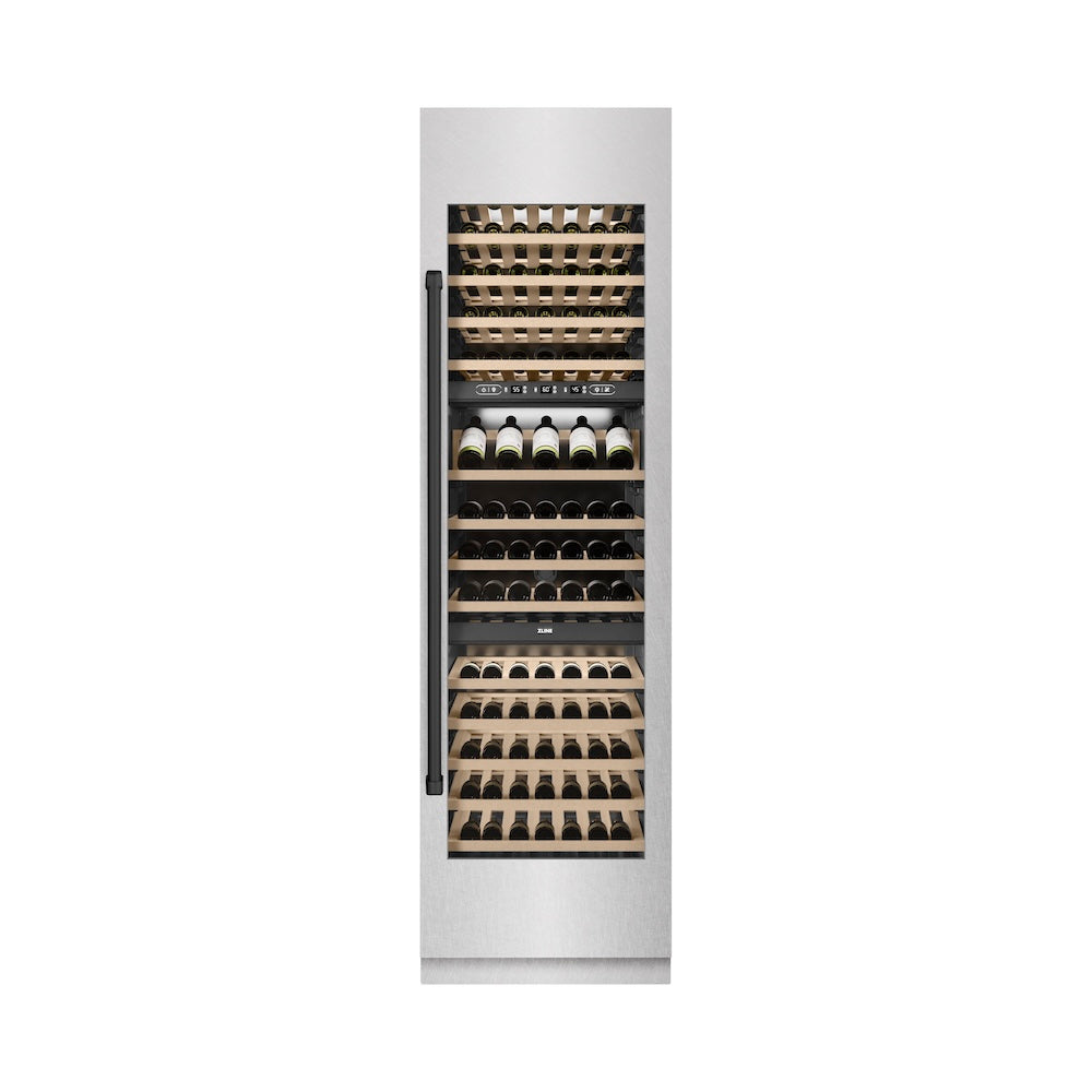 ZLINE Autograph Edition 24 in. 12.4 cu. ft. Triple Zone 100 Bottle Column Wine Cooler in Satin Stainless Steel and Matte Black Accents (RCWVZ-SN-24-MB) RCWVZSN24MB