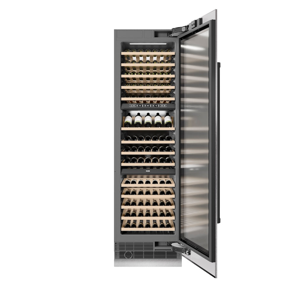 ZLINE Autograph Edition 24 in. 12.4 cu. ft. Triple Zone 100 Bottle Column Wine Cooler in Satin Stainless Steel and Matte Black Accents (RCWVZ-SN-24-MB) RCWVZSN24MB