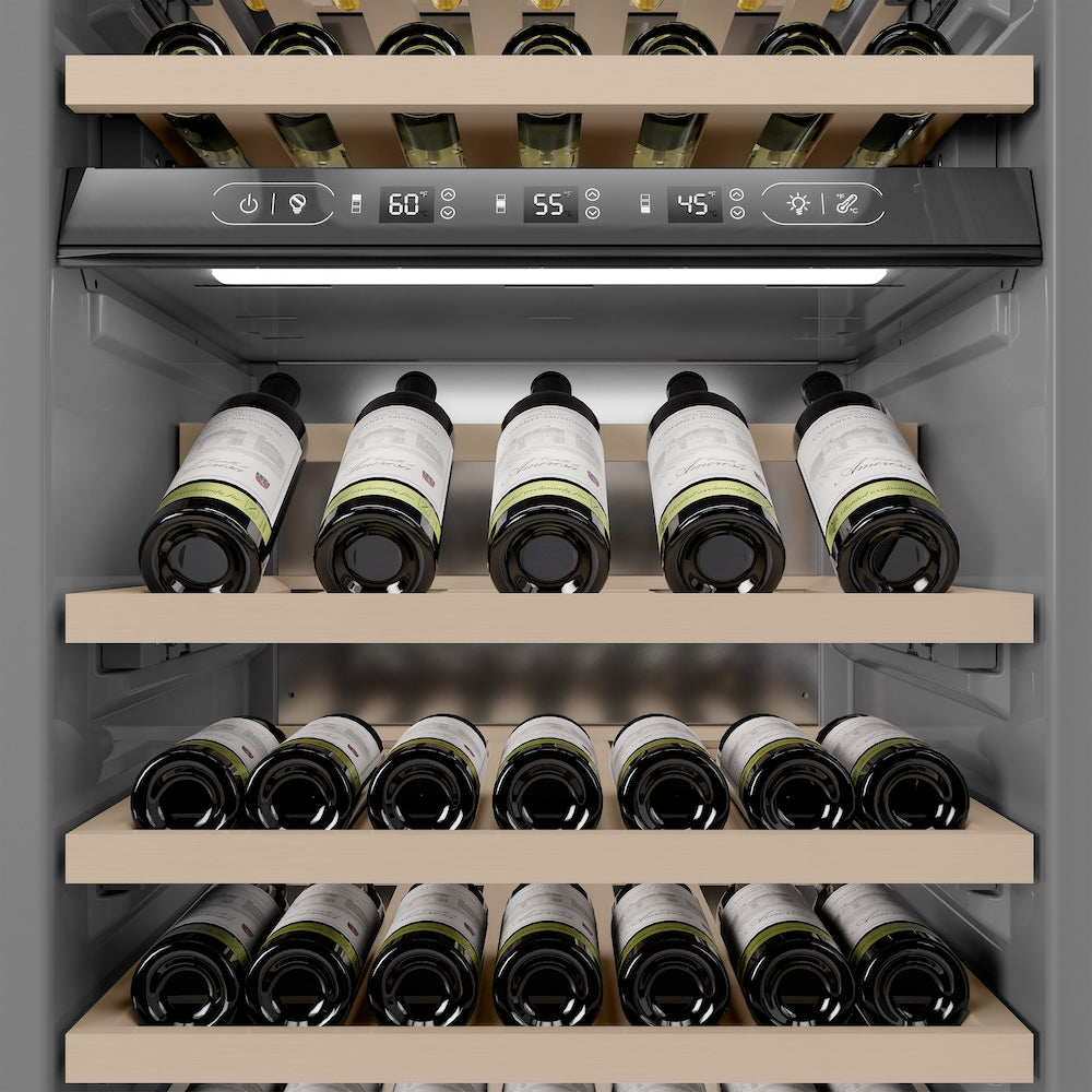 ZLINE Autograph Edition 24 in. 12.4 cu. ft. Triple Zone 100 Bottle Column Wine Cooler in Satin Stainless Steel and Matte Black Accents (RCWVZ-SN-24-MB) RCWVZSN24MB