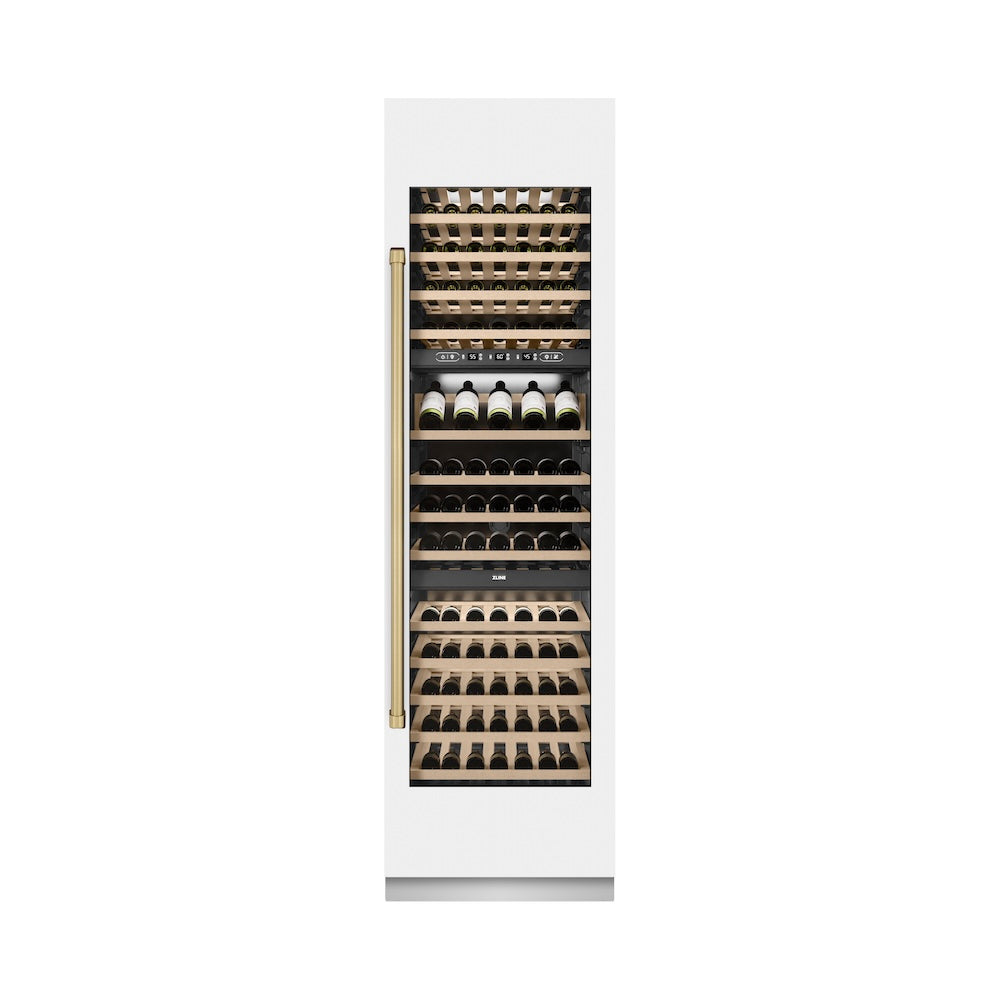 Autograph Edition 24 In. 12.4 Cu. Ft. Triple Zone 100 Bottle Column Wine Cooler In White Matte And Champagne Bronze Accents RCWVZWM24CB