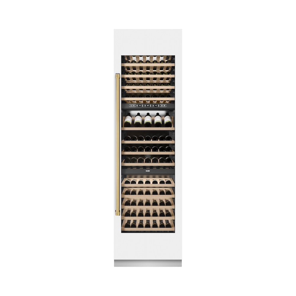 Autograph Edition 24 In. 12.4 Cu. Ft. Triple Zone 100 Bottle Column Wine Cooler In White Matte And Polished Gold Accents RCWVZWM24G