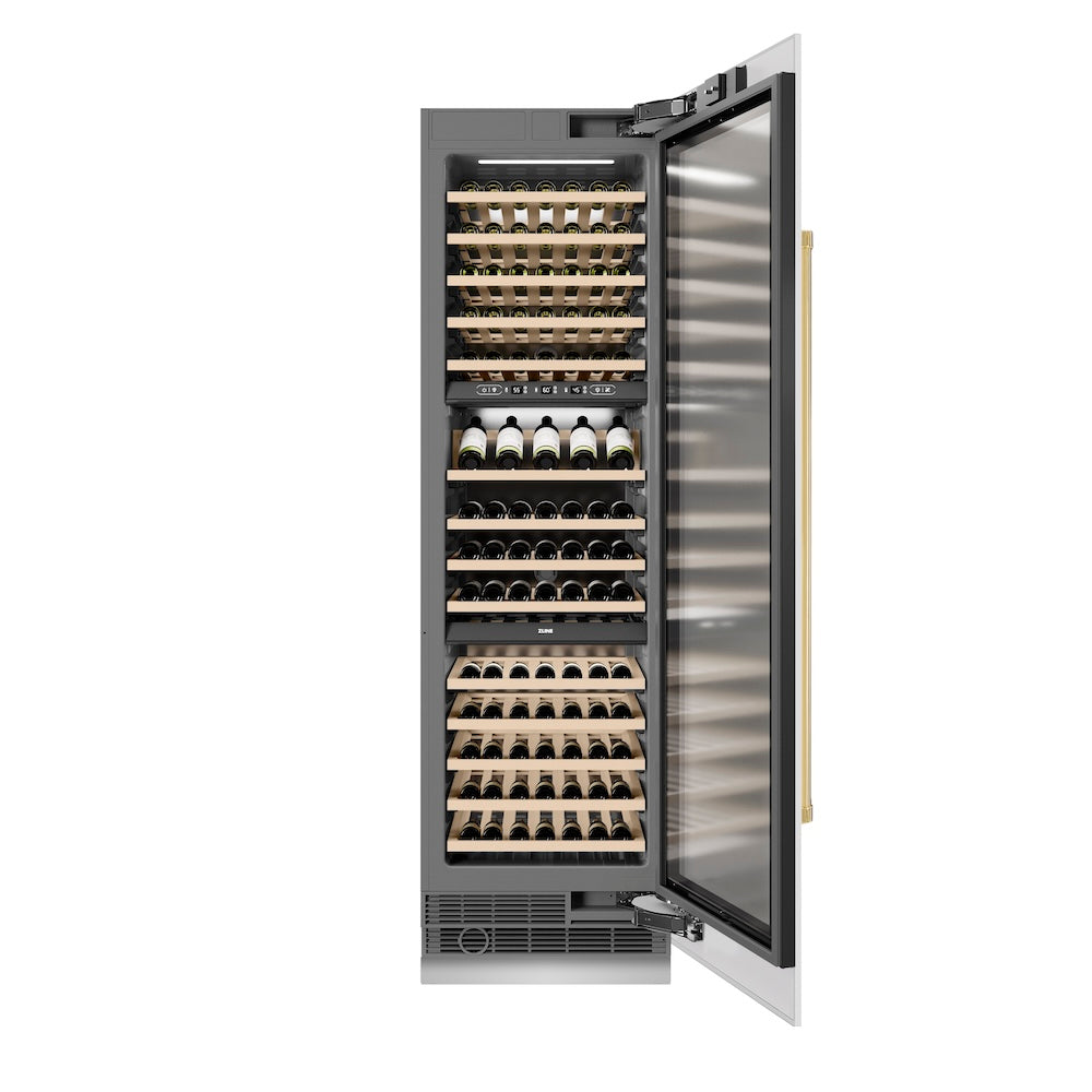 Autograph Edition 24 In. 12.4 Cu. Ft. Triple Zone 100 Bottle Column Wine Cooler In White Matte And Polished Gold Accents RCWVZWM24G