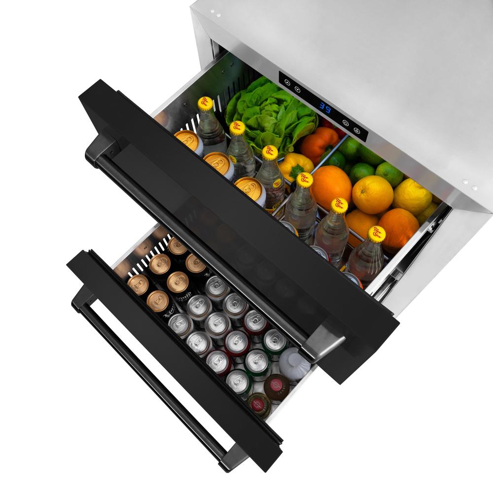 24 In. Touchstone 168 Can Outdoor-rated Dual Refrigerator Drawer With Black Stainless Steel Doors RDSOBS24