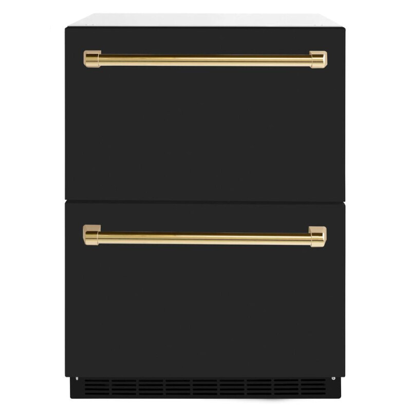 Autograph Edition 24 in. Touchstone 168 Can Outdoor-Rated Dual Refrigerator Drawer with Black Matte Doors and Polished Gold Handles RDSOZBLM24G