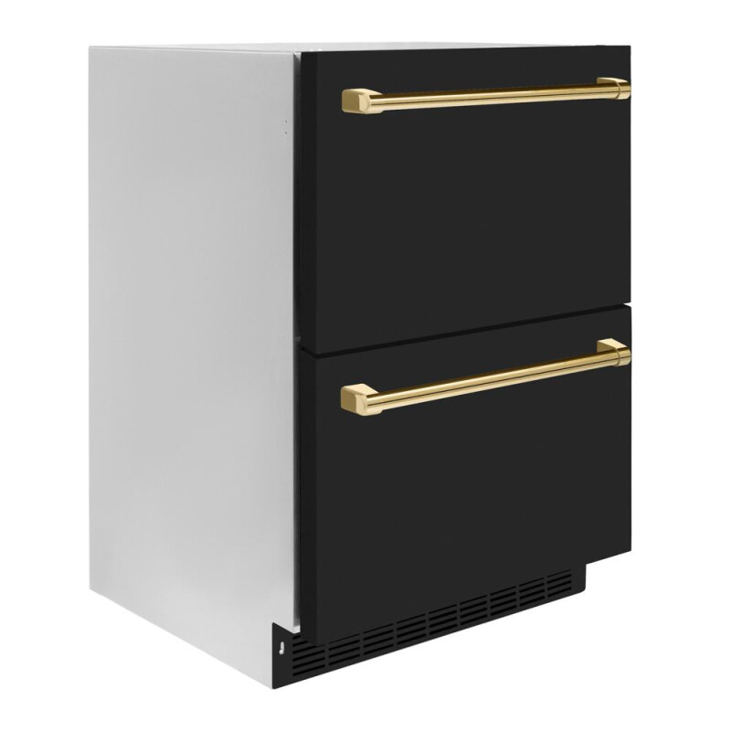 Autograph Edition 24 in. Touchstone 168 Can Outdoor-Rated Dual Refrigerator Drawer with Black Matte Doors and Polished Gold Handles RDSOZBLM24G
