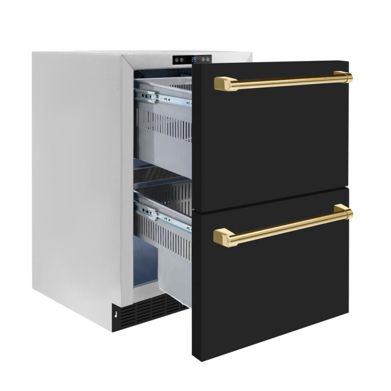 Autograph Edition 24 in. Touchstone 168 Can Outdoor-Rated Dual Refrigerator Drawer with Black Matte Doors and Polished Gold Handles RDSOZBLM24G