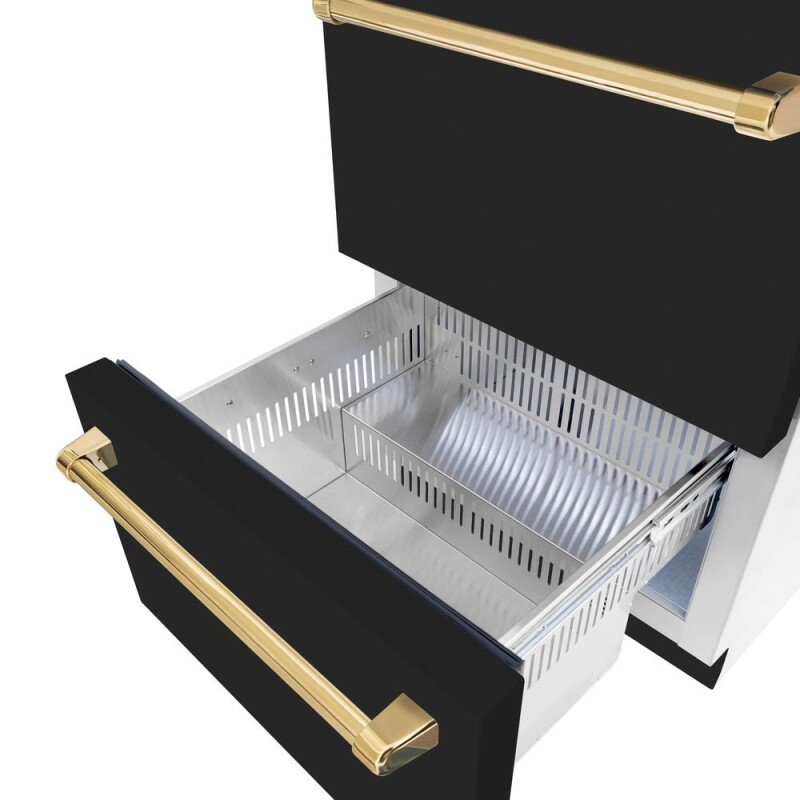 Autograph Edition 24 in. Touchstone 168 Can Outdoor-Rated Dual Refrigerator Drawer with Black Matte Doors and Polished Gold Handles RDSOZBLM24G