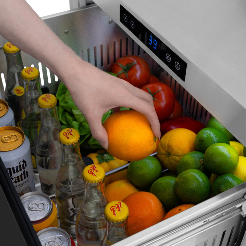 Autograph Edition 24 in. Touchstone 168 Can Outdoor-Rated Dual Refrigerator Drawer with Black Matte Doors and Polished Gold Handles RDSOZBLM24G