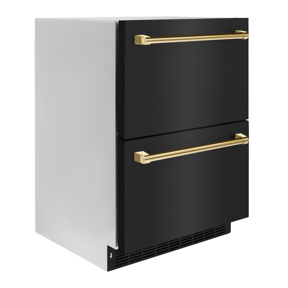Autograph Edition 24 In. Touchstone 168 Can Outdoor-rated Dual Refrigerator Drawer With Black Stainless Steel Doors And Polished Gold Handles RDSOZBS24G