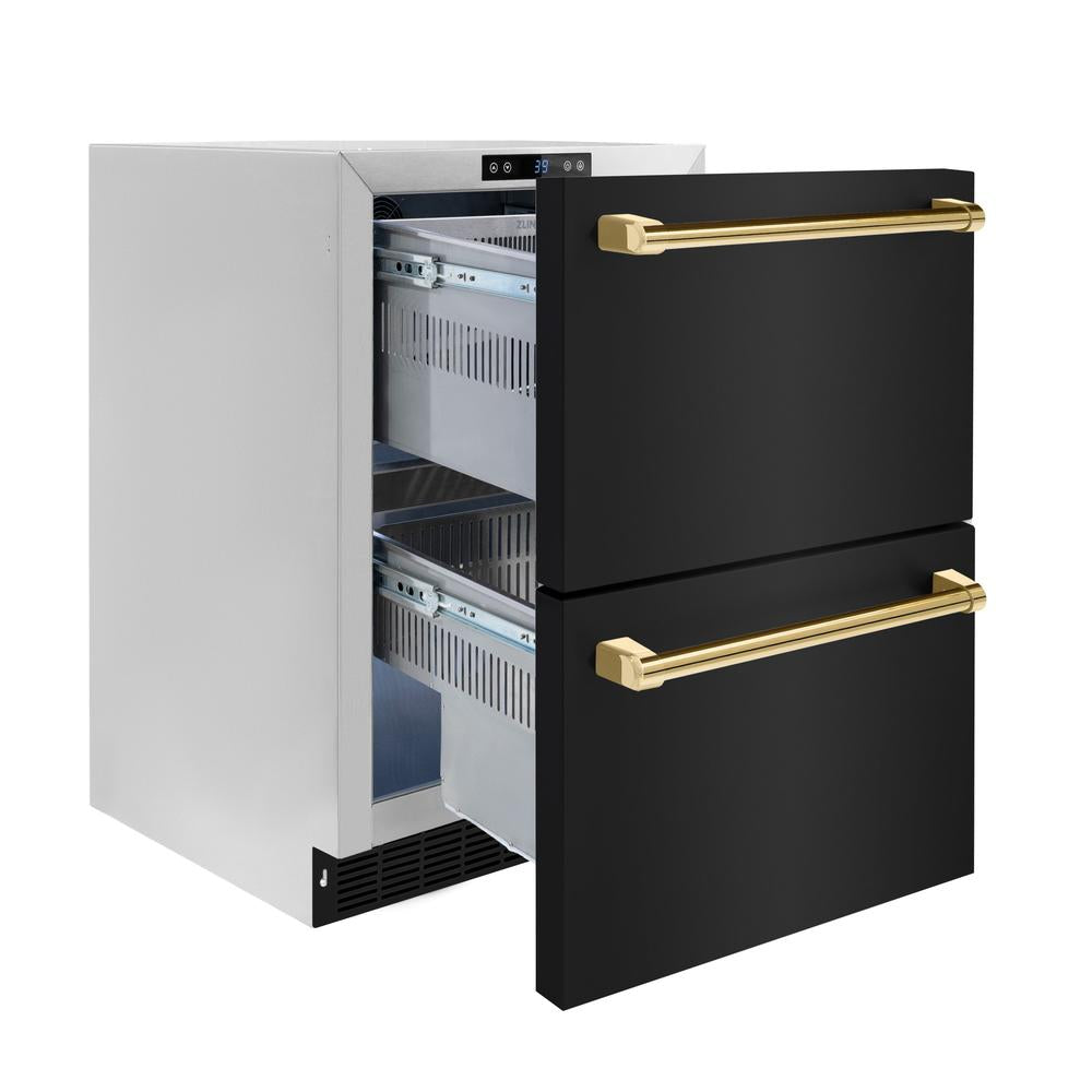 Autograph Edition 24 In. Touchstone 168 Can Outdoor-rated Dual Refrigerator Drawer With Black Stainless Steel Doors And Polished Gold Handles RDSOZBS24G