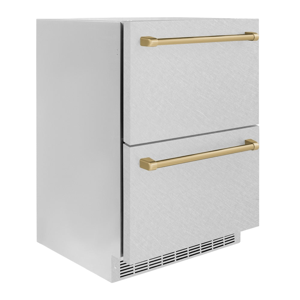 Autograph Edition 24 In. Touchstone 168 Can Outdoor-rated Dual Refrigerator Drawer With Satin Stainless Steel Doors And Champagne Bronze Handles RDSOZSN24CB