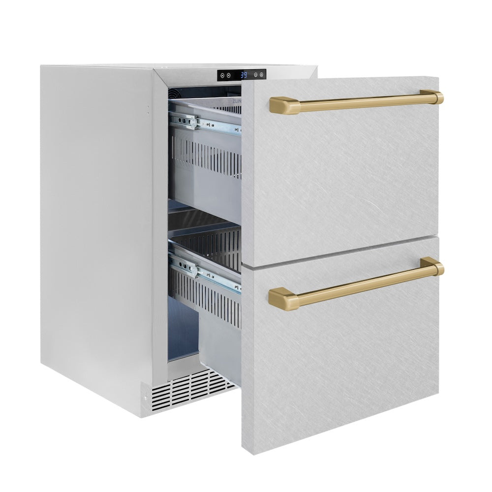 Autograph Edition 24 In. Touchstone 168 Can Outdoor-rated Dual Refrigerator Drawer With Satin Stainless Steel Doors And Champagne Bronze Handles RDSOZSN24CB