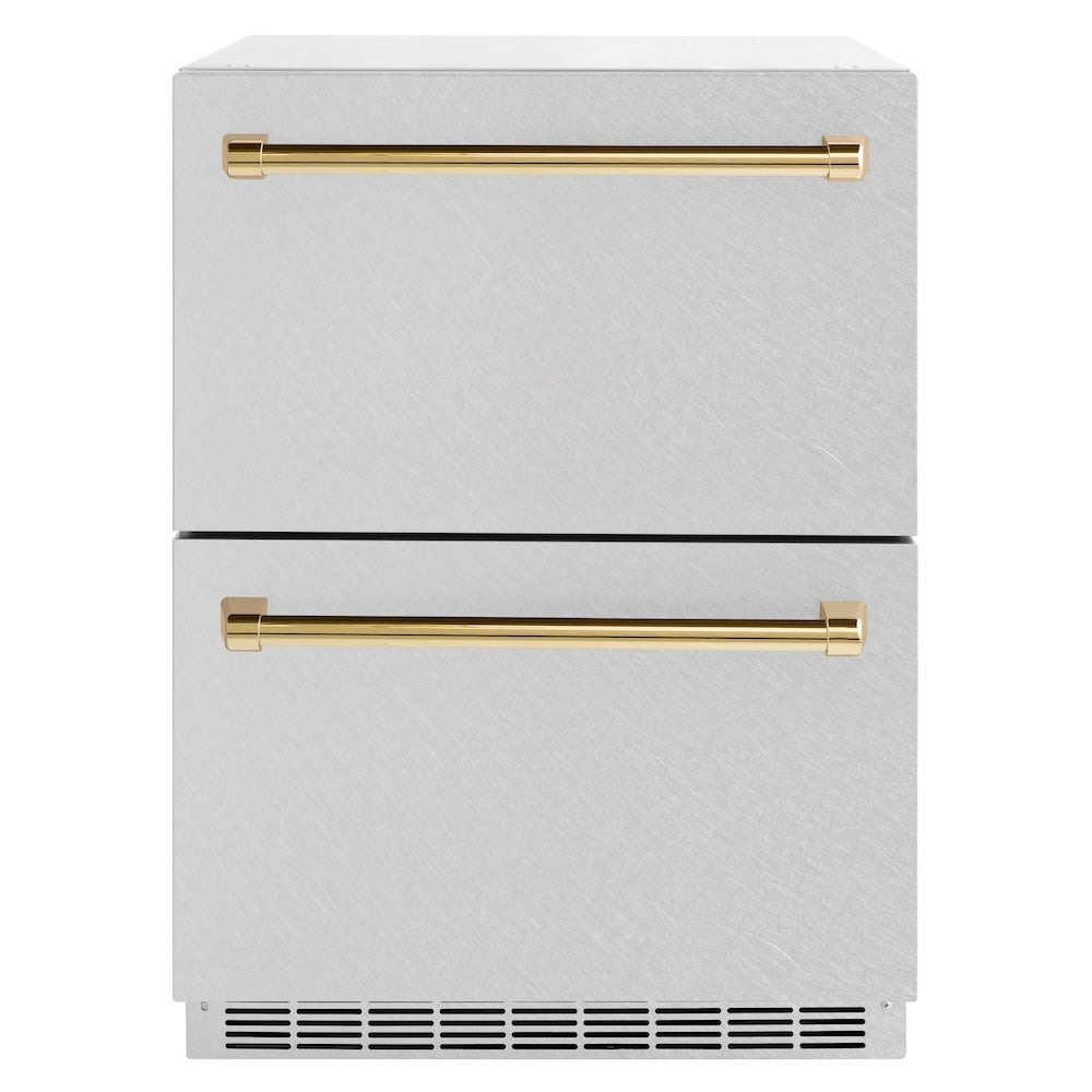 Autograph Edition 24 In. Touchstone 168 Can Outdoor-rated Dual Refrigerator Drawer With Satin Stainless Steel Doors And Polished Gold Handles RDSOZSN24G