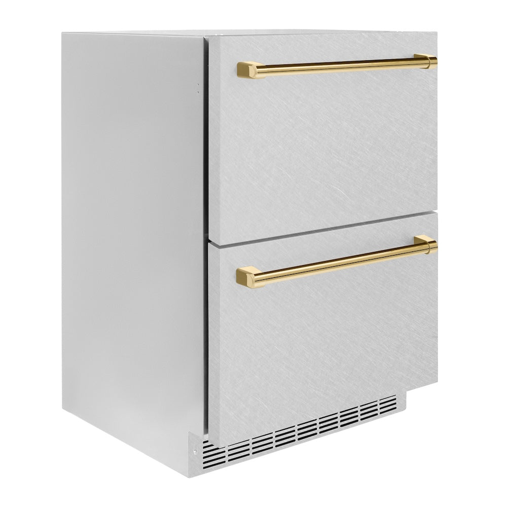 Autograph Edition 24 In. Touchstone 168 Can Outdoor-rated Dual Refrigerator Drawer With Satin Stainless Steel Doors And Polished Gold Handles RDSOZSN24G