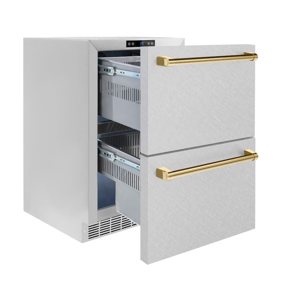 Autograph Edition 24 In. Touchstone 168 Can Outdoor-rated Dual Refrigerator Drawer With Satin Stainless Steel Doors And Polished Gold Handles RDSOZSN24G