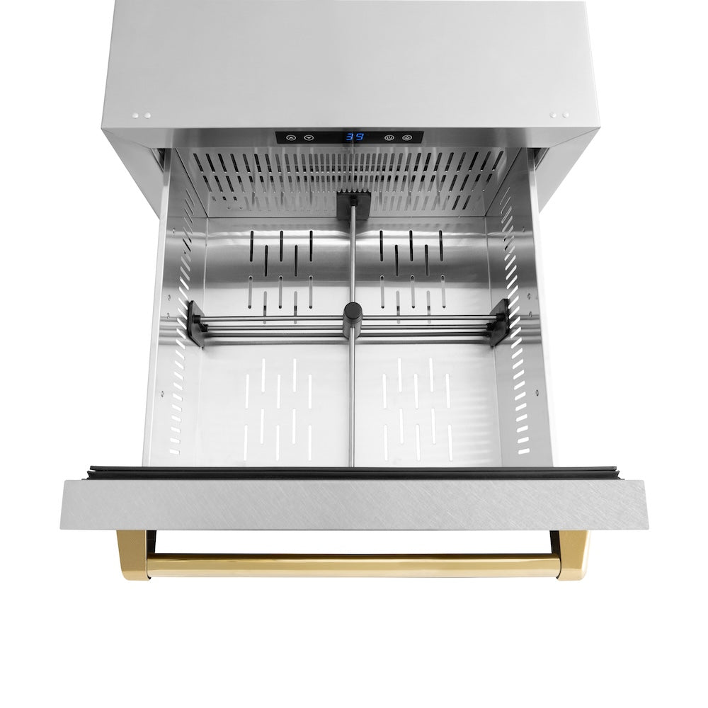 Autograph Edition 24 In. Touchstone 168 Can Outdoor-rated Dual Refrigerator Drawer With Satin Stainless Steel Doors And Polished Gold Handles RDSOZSN24G