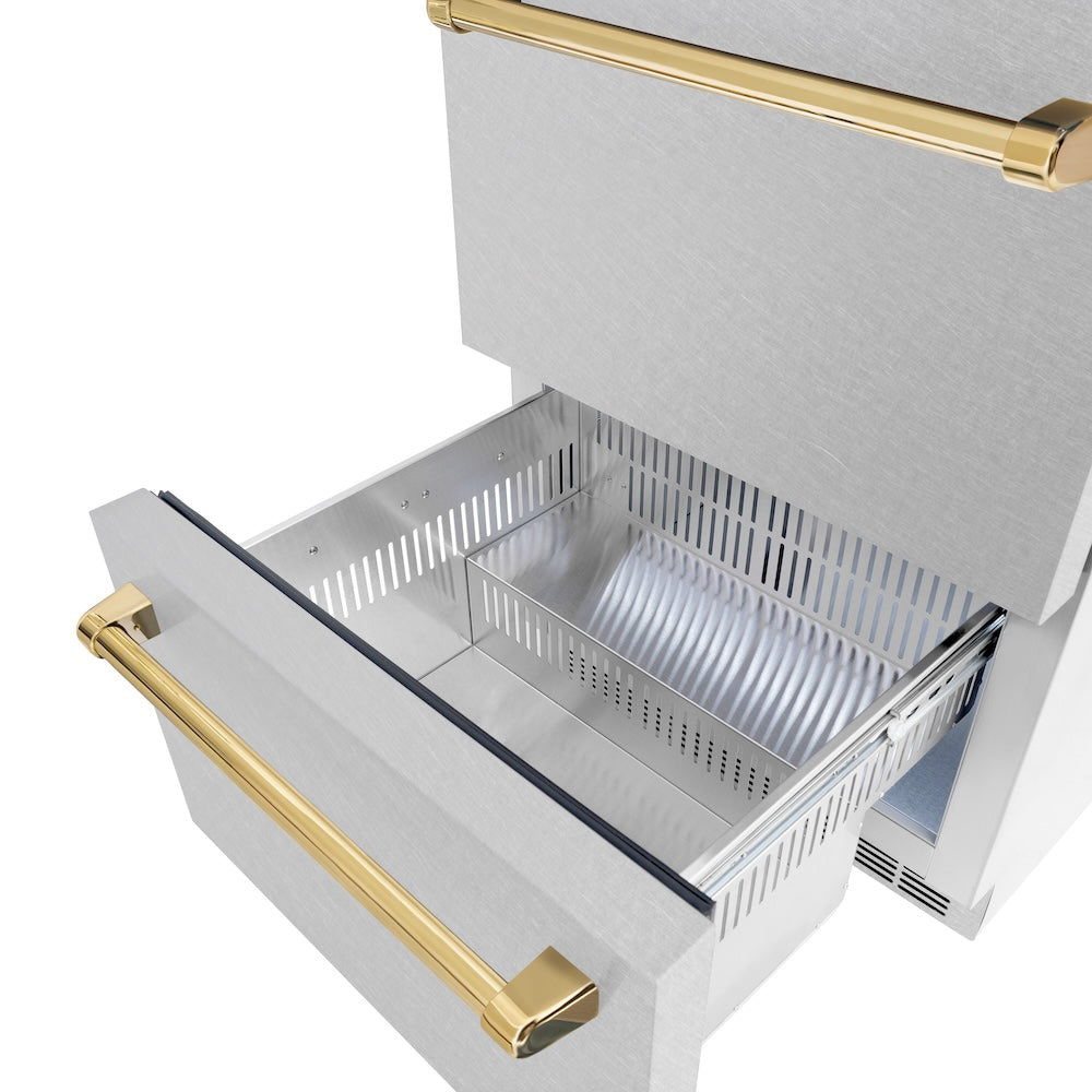 Autograph Edition 24 In. Touchstone 168 Can Outdoor-rated Dual Refrigerator Drawer With Satin Stainless Steel Doors And Polished Gold Handles RDSOZSN24G
