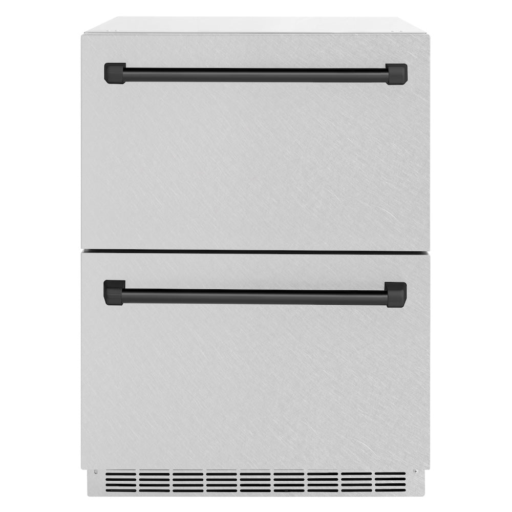 ZLINE Autograph Edition 24 in. Touchstone 168 Can Outdoor-Rated Dual Refrigerator Drawer with DuraSnow® Stainless Steel Doors and Matte Black Handles (RDSOZ-SN-24-MB) RDSOZSN24MB