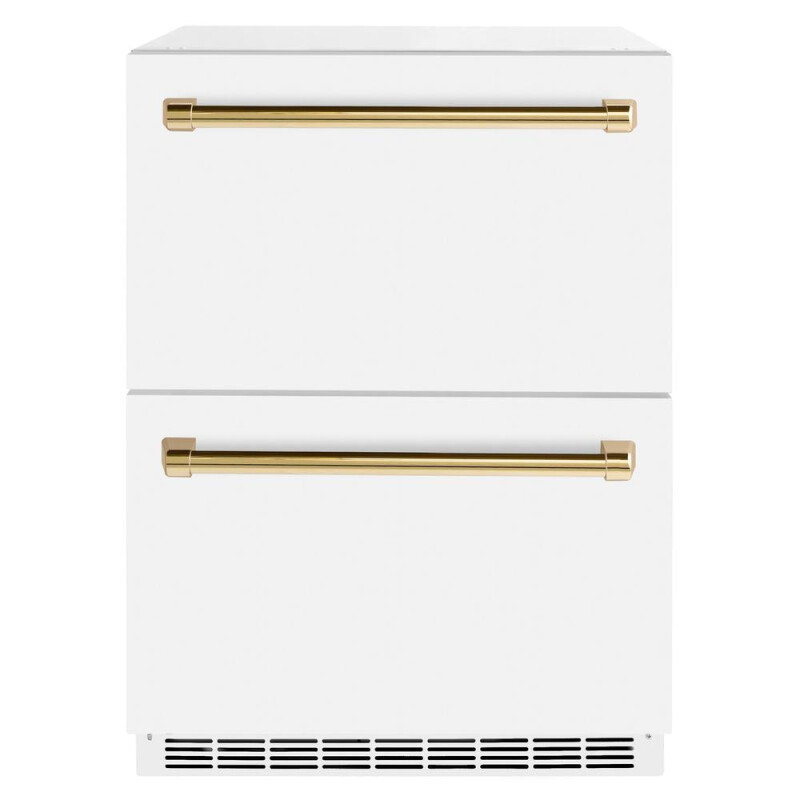 Autograph Edition 24 in. Touchstone 168 Can Outdoor-Rated Dual Refrigerator Drawer with White Matte Doors and Polished Gold Handles RDSOZWM24G