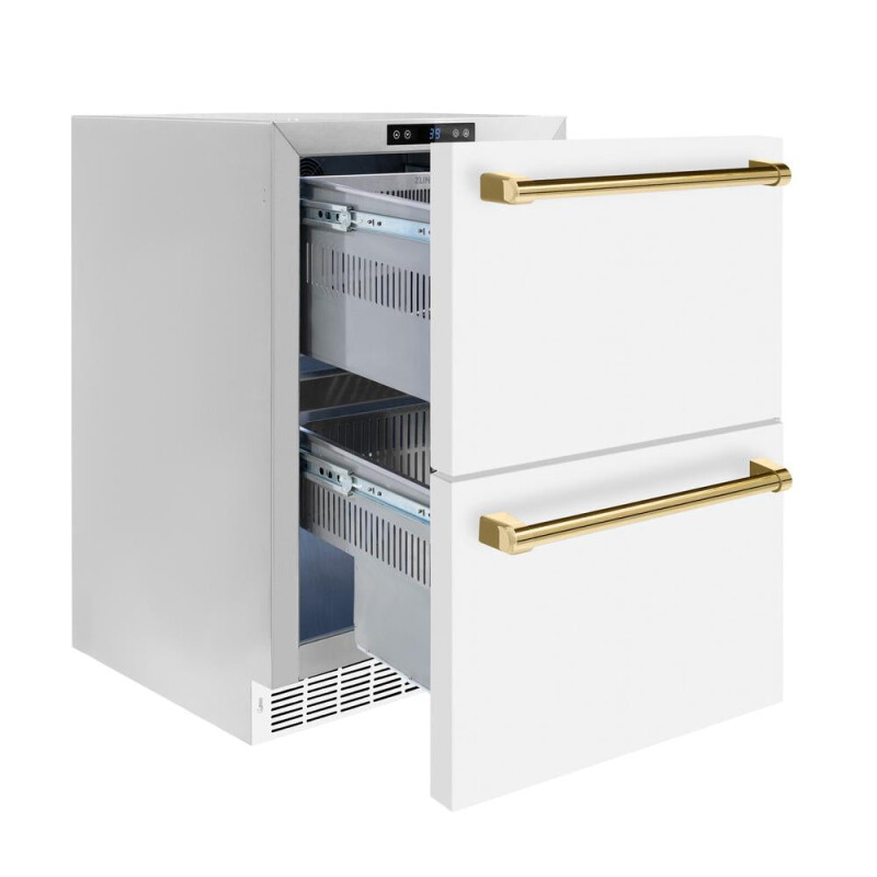 Autograph Edition 24 in. Touchstone 168 Can Outdoor-Rated Dual Refrigerator Drawer with White Matte Doors and Polished Gold Handles RDSOZWM24G