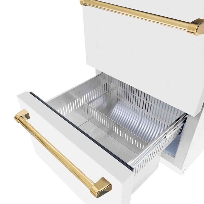 Autograph Edition 24 in. Touchstone 168 Can Outdoor-Rated Dual Refrigerator Drawer with White Matte Doors and Polished Gold Handles RDSOZWM24G
