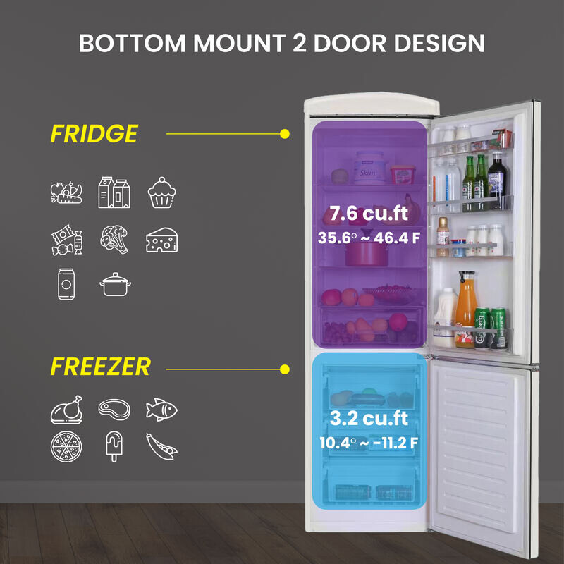 Conserv 24in RETRO BOTTOM MOUNT 11cf Refrigerator Fast Freeze 110V -- Cream RF132C