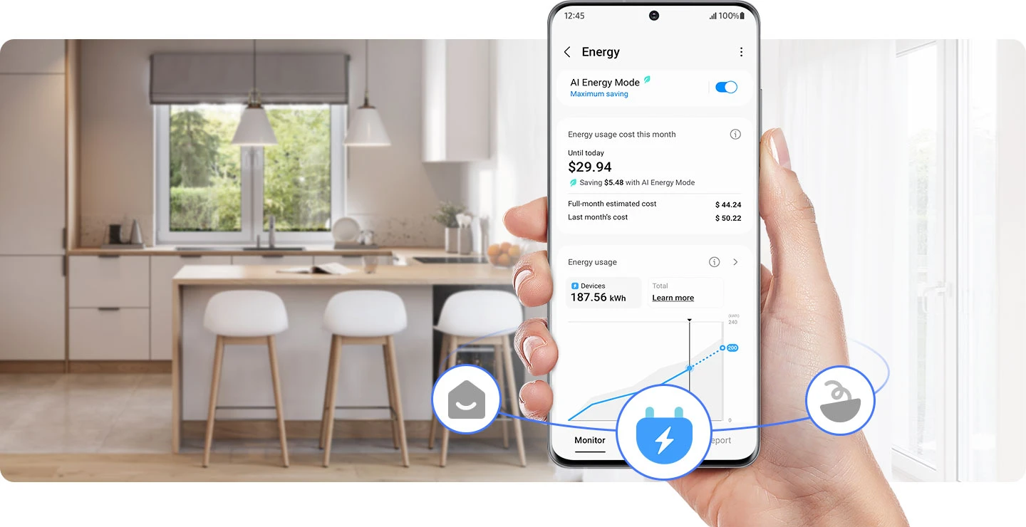 Person using SmartThings app to control home appliances energy