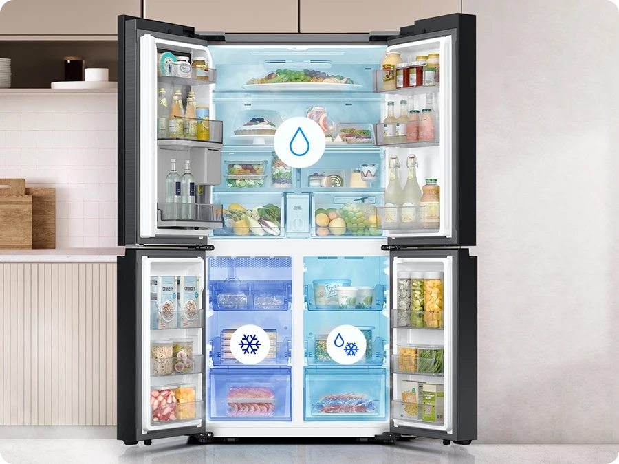 Inside view of Samsung Bespoke 4-Door Flex refrigerator