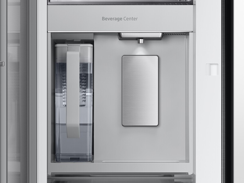 Bespoke 3 Door French Door Refrigerator 24 Cu Ft With Top Left And Family HubIn White Glass And Matte Grey Glass Bottom Door Panel RF24BB69006MAA
