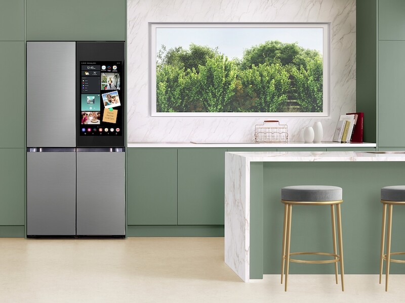 Bespoke 4 Door Flex Refrigerator 29 Cu Ft With Family Hub In Charcoal Glass Top And Stainless Steel Bottom RF29CB9900QKAA