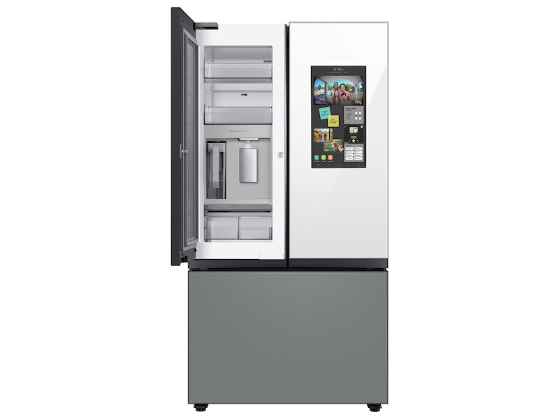 Bespoke 3-Door French Door Refrigerator (30 cu. ft.) – with Top Left and Family Hub™ Panel in White Glass - and Matte Grey Glass Bottom Door Panel RF30BB69006MAA