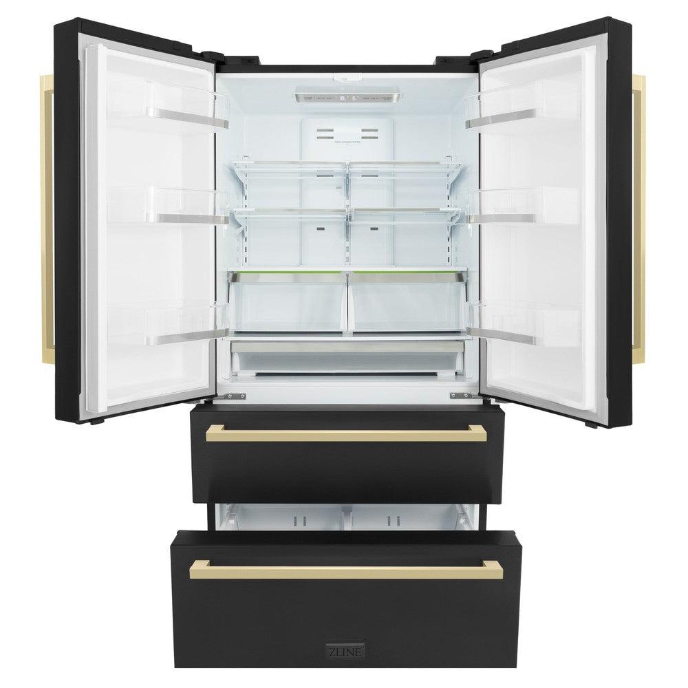Autograph Edition 36 In. 22.5 Cu. Ft. Counter-depth French Door Refrigerator With Ice Maker In Fingerprint-resistant Black Stainless Steel And Champagne Bronze Modern Handles RFMZ36BSFCB