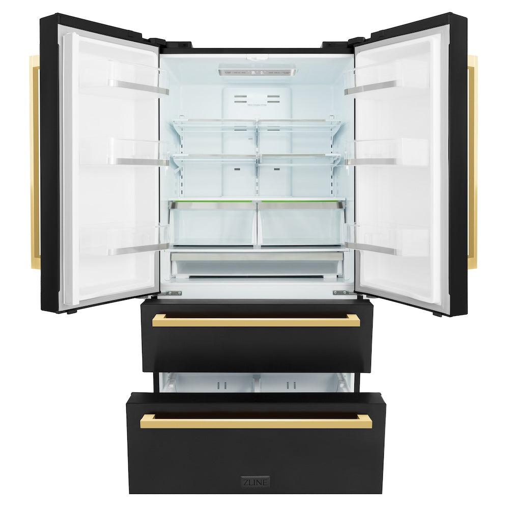Autograph Edition 36 In. 22.5 Cu. Ft. Counter-depth French Door Refrigerator With Ice Maker In Fingerprint-resistant Black Stainless Steel And Polished Gold Modern Handles RFMZ36BSFG