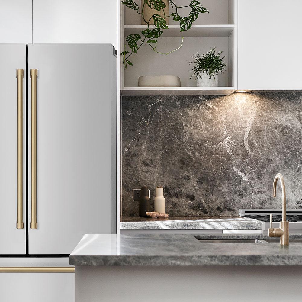 Autograph Edition 36 In. 22.5 Cu. Ft. Counter-depth French Door Refrigerator With Ice Maker In Fingerprint-resistant Stainless Steel With Champagne Bronze Traditional Handles RFMZ36CB