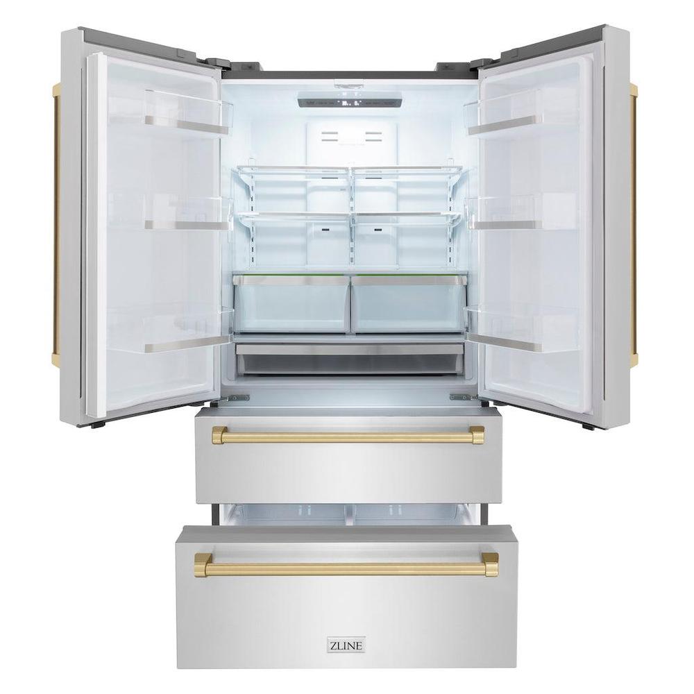 Autograph Edition 36 In. 22.5 Cu. Ft. Counter-depth French Door Refrigerator With Ice Maker In Fingerprint-resistant Stainless Steel With Champagne Bronze Traditional Handles RFMZ36CB