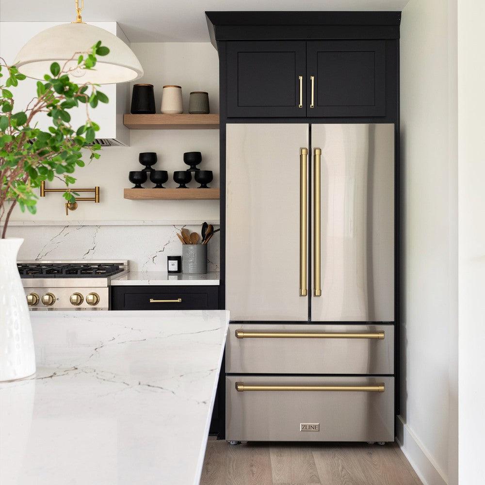 Autograph Edition 36 In. 22.5 Cu. Ft. Counter-depth French Door Refrigerator With Ice Maker In Fingerprint-resistant Stainless Steel With Polished Gold Traditional Handles RFMZ36G