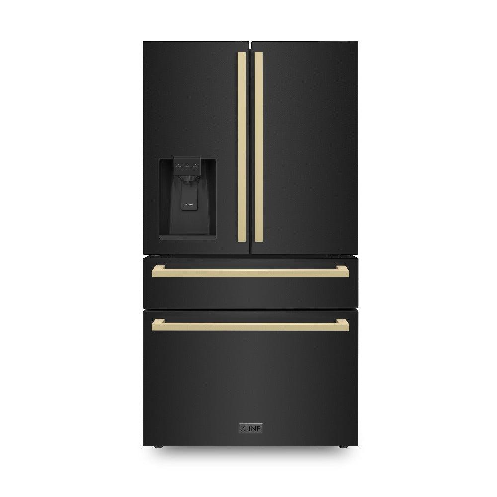 Autograph Edition 36 In. 21.6 Cu. Ft. Counter-depth French Door Refrigerator With Water And Ice Dispenser In Fingerprint-resistant Black Stainless Steel With Champagne Bronze Modern Handles R