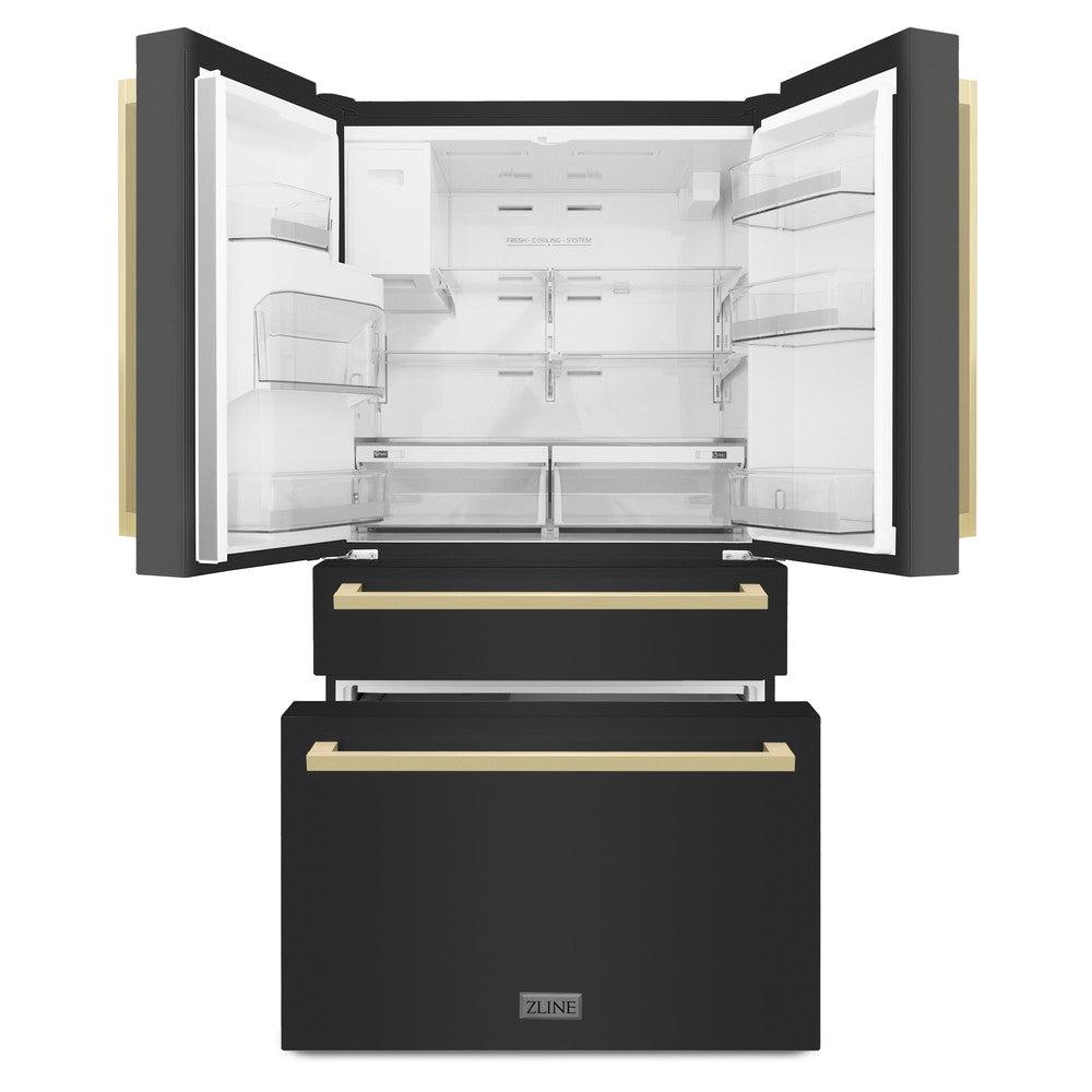 Autograph Edition 36 In. 21.6 Cu. Ft. Counter-depth French Door Refrigerator With Water And Ice Dispenser In Fingerprint-resistant Black Stainless Steel With Champagne Bronze Modern Handles RFMZW36BSFCB