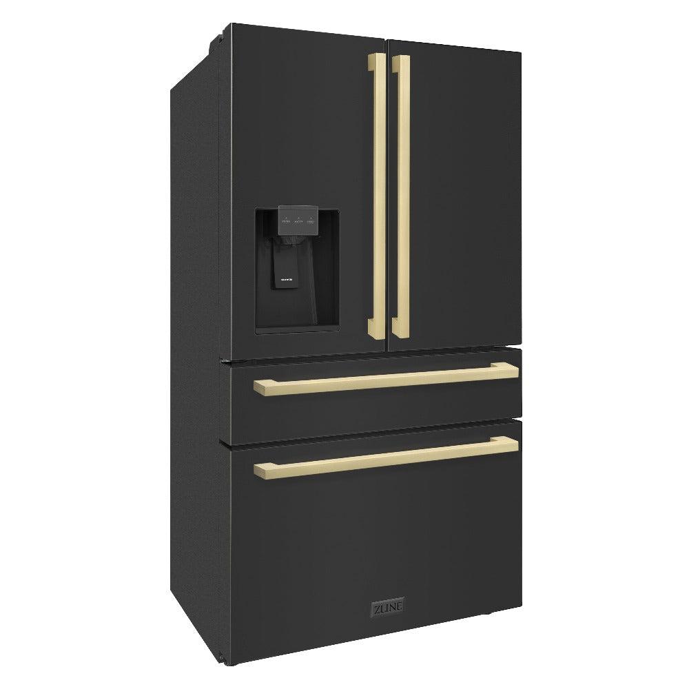 Autograph Edition 36 In. 21.6 Cu. Ft. Counter-depth French Door Refrigerator With Water And Ice Dispenser In Fingerprint-resistant Black Stainless Steel With Champagne Bronze Modern Handles RFMZW36BSFCB