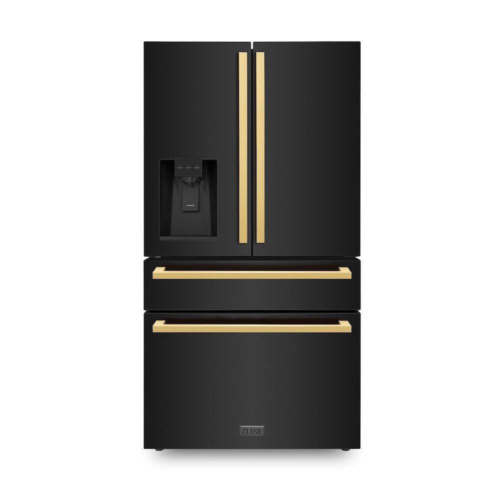 Autograph Edition 36 In. 21.6 Cu. Ft. Counter-depth French Door Refrigerator With Water And Ice Dispenser In Fingerprint-resistant Black Stainless Steel With Polished Gold Modern Handles RFMZ