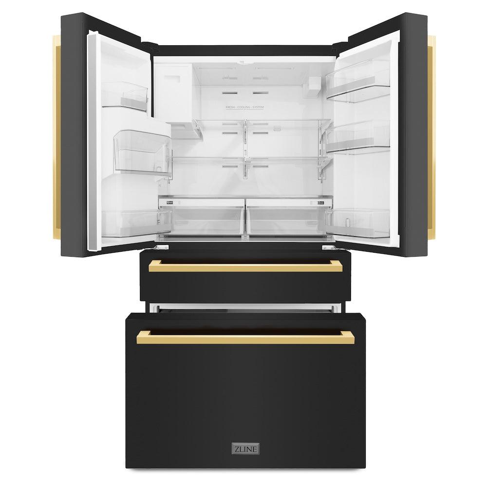 Autograph Edition 36 In. 21.6 Cu. Ft. Counter-depth French Door Refrigerator With Water And Ice Dispenser In Fingerprint-resistant Black Stainless Steel With Polished Gold Modern Handles RFMZW36BSFG
