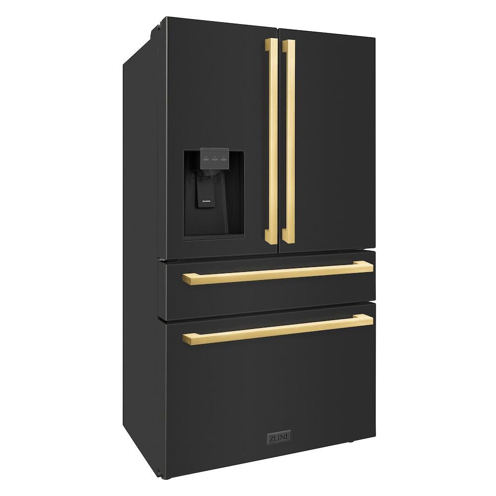 Autograph Edition 36 In. 21.6 Cu. Ft. Counter-depth French Door Refrigerator With Water And Ice Dispenser In Fingerprint-resistant Black Stainless Steel With Polished Gold Modern Handles RFMZW36BSFG