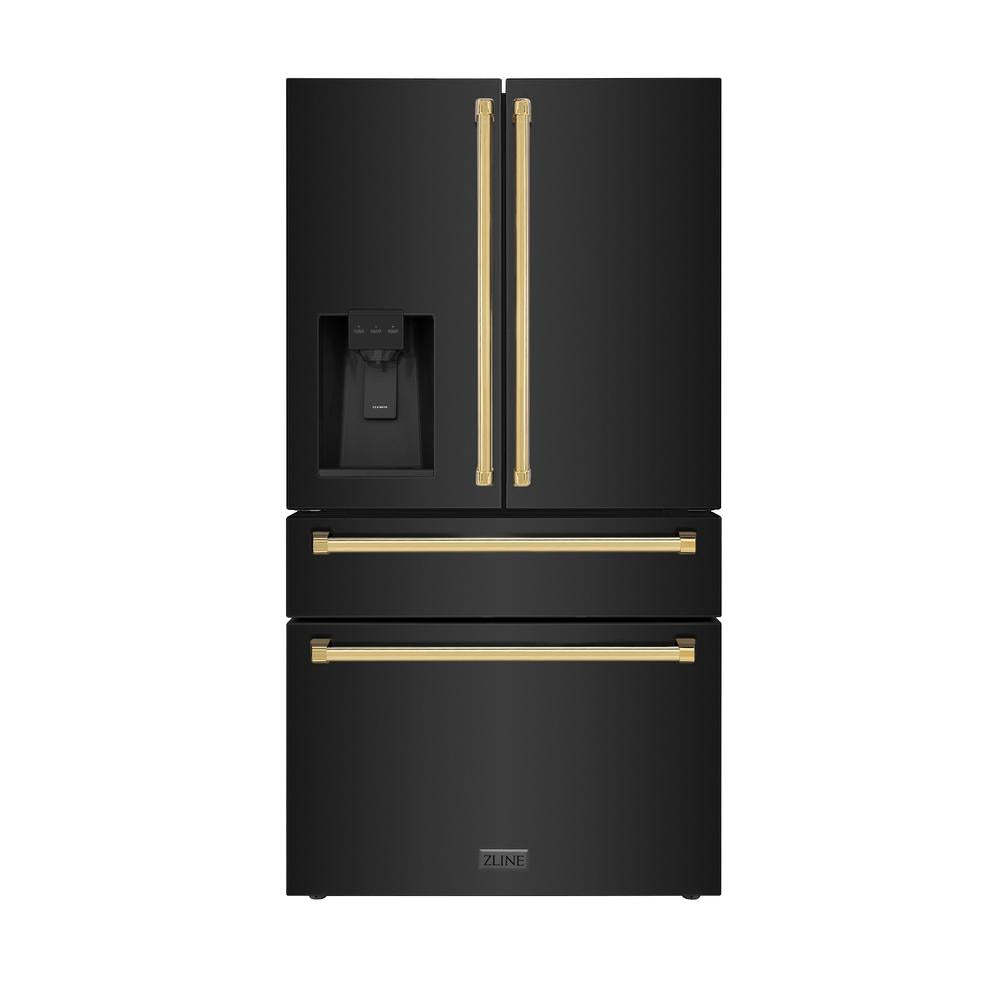 Autograph Edition 36 In. 21.6 Cu. Ft. Counter-depth French Door Refrigerator With Water And Ice Dispenser In Fingerprint-resistant Black Stainless Steel With Polished Gold Traditional Handles