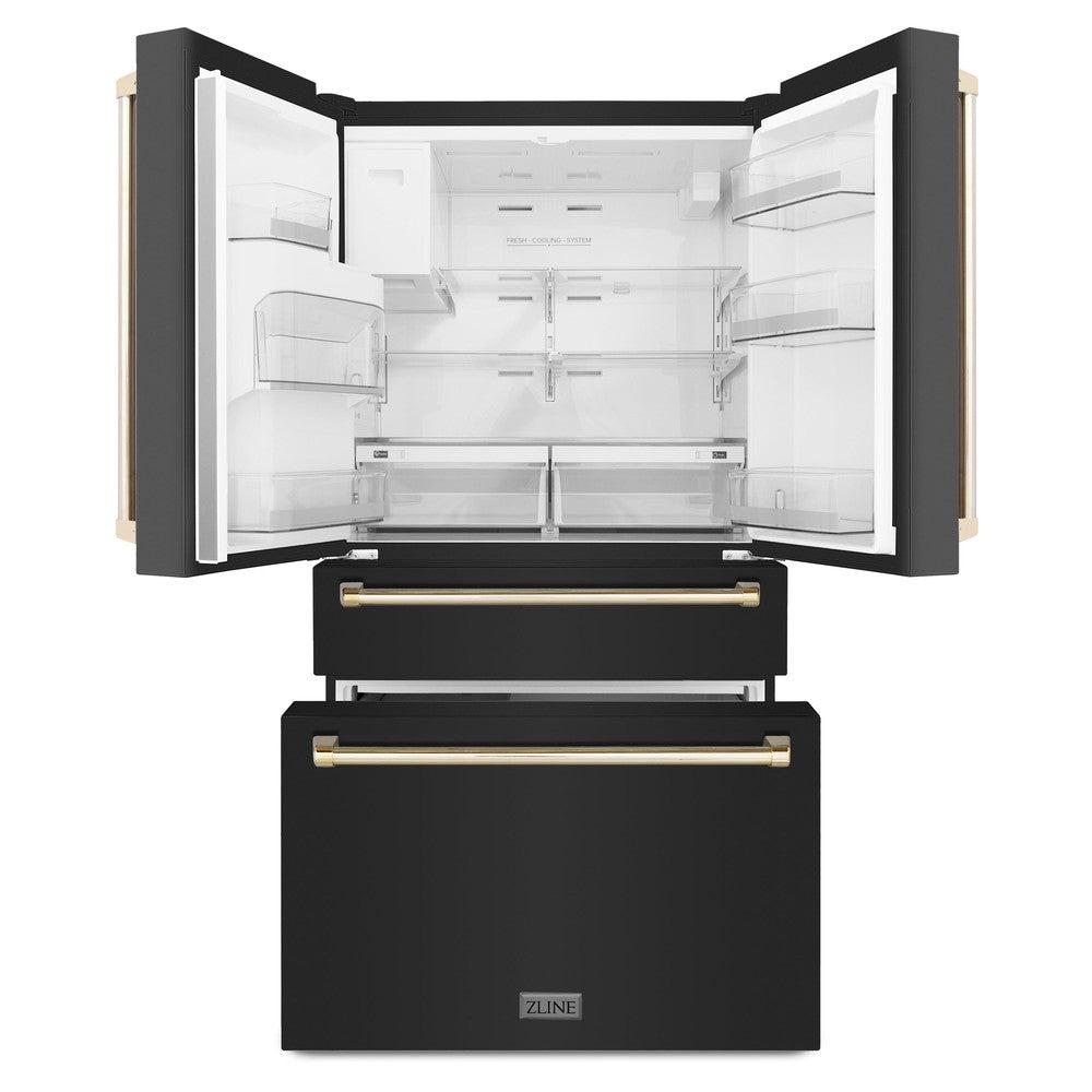Autograph Edition 36 In. 21.6 Cu. Ft. Counter-depth French Door Refrigerator With Water And Ice Dispenser In Fingerprint-resistant Black Stainless Steel With Polished Gold Traditional Handles RFMZW36BSG