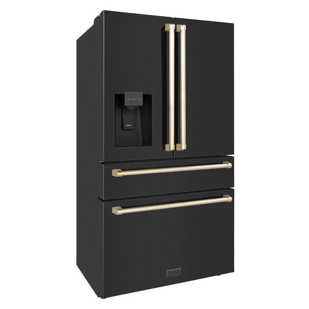 Autograph Edition 36 In. 21.6 Cu. Ft. Counter-depth French Door Refrigerator With Water And Ice Dispenser In Fingerprint-resistant Black Stainless Steel With Polished Gold Traditional Handles RFMZW36BSG