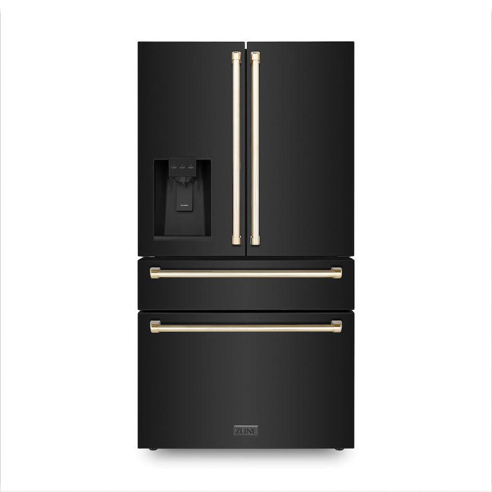 Autograph Edition 36 In. 21.6 Cu. Ft. Counter-depth French Door Refrigerator With Water And Ice Dispenser In Fingerprint-resistant Black Stainless Steel With Polished Gold Traditional Handles RFMZW36BSG