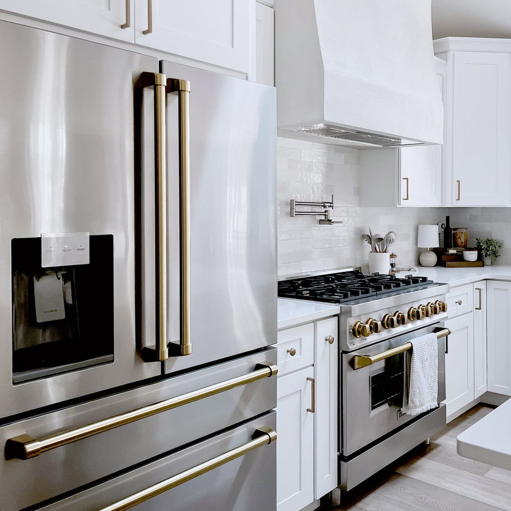 36" Autograph Edition 21.6 cu. ft Freestanding French Door Refrigerator with Water and Ice Dispenser in Fingerprint Resistant with Accents (RFMZ-W-36) - Champagne Bronze RFMZW36CB