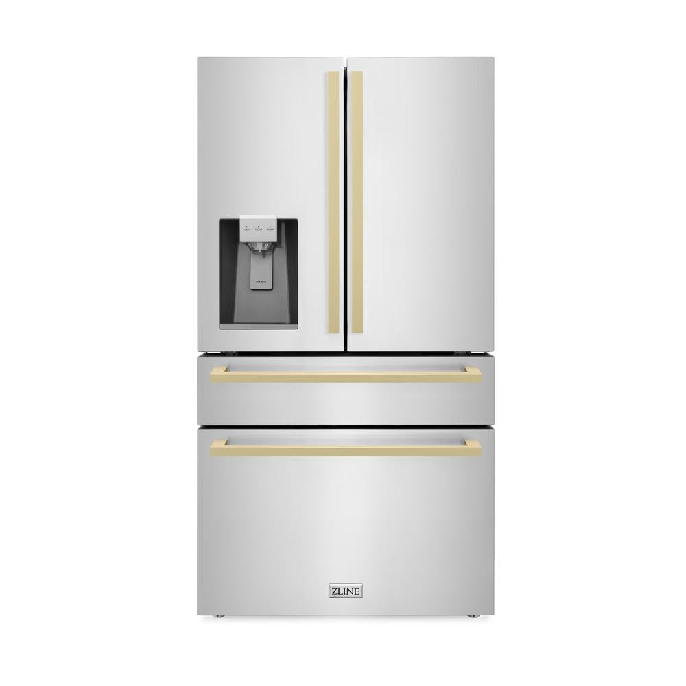 Autograph Edition 36 In. 21.6 Cu. Ft. Counter-depth French Door Refrigerator With Water And Ice Dispenser In Fingerprint-resistant Stainless Steel With Champagne Bronze Modern Handles RFMZW36